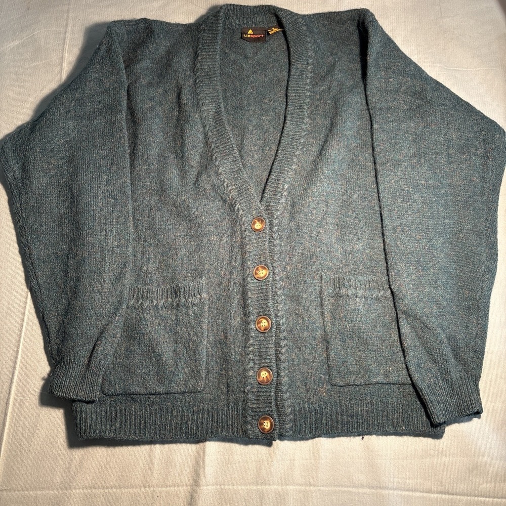 Lizsport Vintage 100% Wool Cardigan Sweater Teal Blue Button Front Pockets M